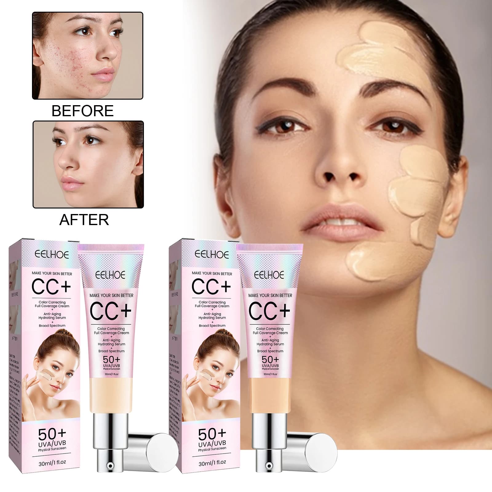 EELHOE Riparazione viso CC Cream Correttore naturale Impermeabile Nessun trucco Igroano Riparazione Sbiancamento della pelle