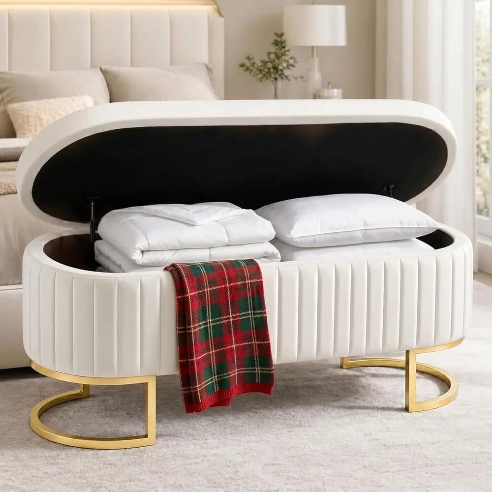 Panca contenitore in velluto da 50,5 pollici per camera da letto, panca da fondo letto Queen Size con gambe dorate, panca ottomana imbottita con cannele e finiture glamour o panca da ingresso