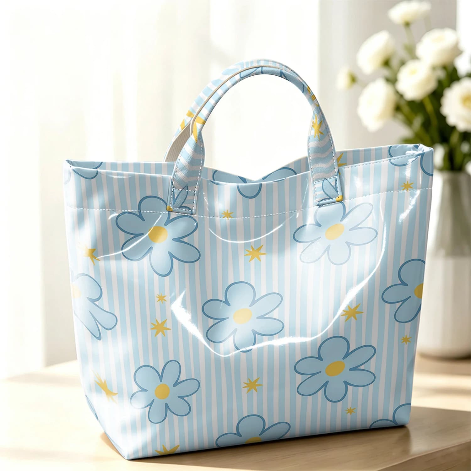 Blue Daisy Stripe Fashion Large Glossy PVC Tote Bag Hand Washable Waterproof Perfect Travel Commute Cosmetic Storage Shopper