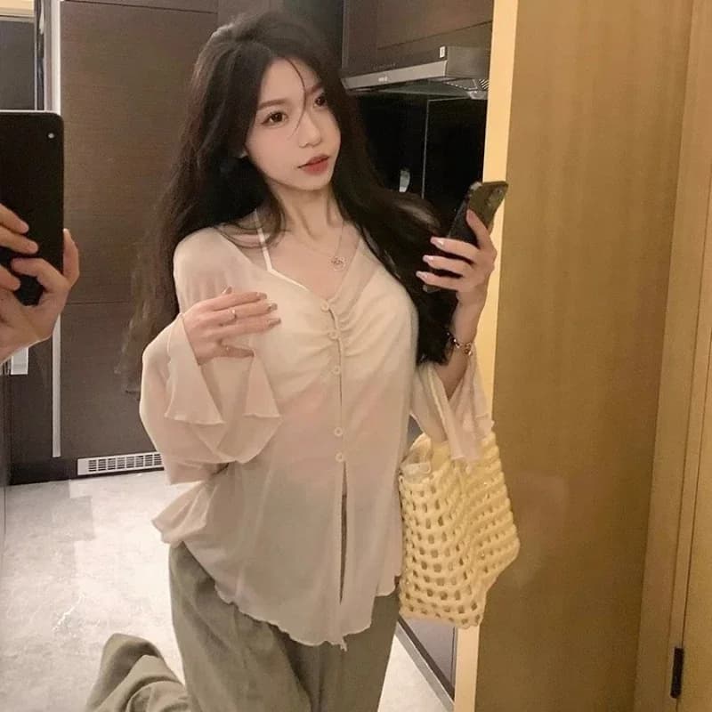 Camicetta con maniche a campana trasparenti - Camicia plissettata Y2K Fairy Sweet Harajuku da donna