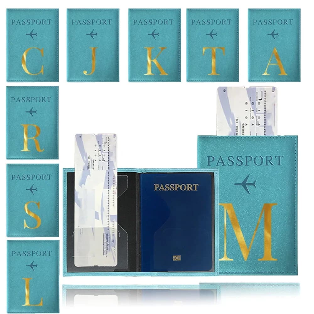Porta Passaporto Blu Impermeabile in Pelle PU con Stampa UV Serie Lettere, Custodia da Viaggio per Carte di Credito