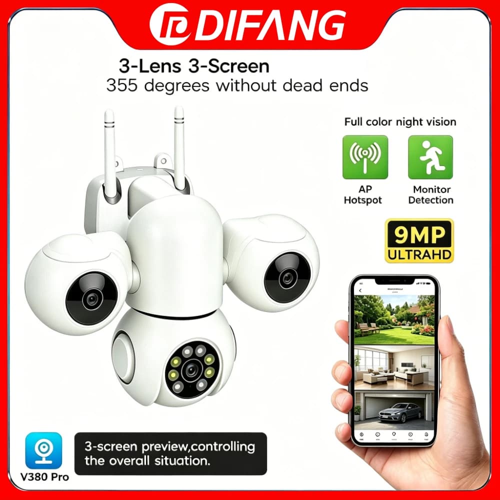 Telecamera WiFi V380 Pro a Tre Schermi per Sicurezza CCTV 360° ° Monitor di Sicurezza PTZ con Visione Panoramica per Animali Domestici e Bambini Nuovo