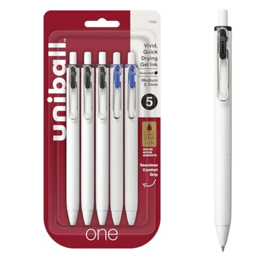 uniball one Retractable Gel Pens, Point,and Ink, 5 Pack