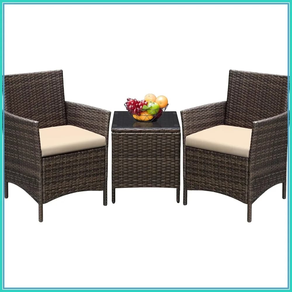 Set da giardino a 3 pezzi con sedie in rattan PE, morbidi cuscini e tavolino in vetro per giardino o bordo piscina, marrone/beige