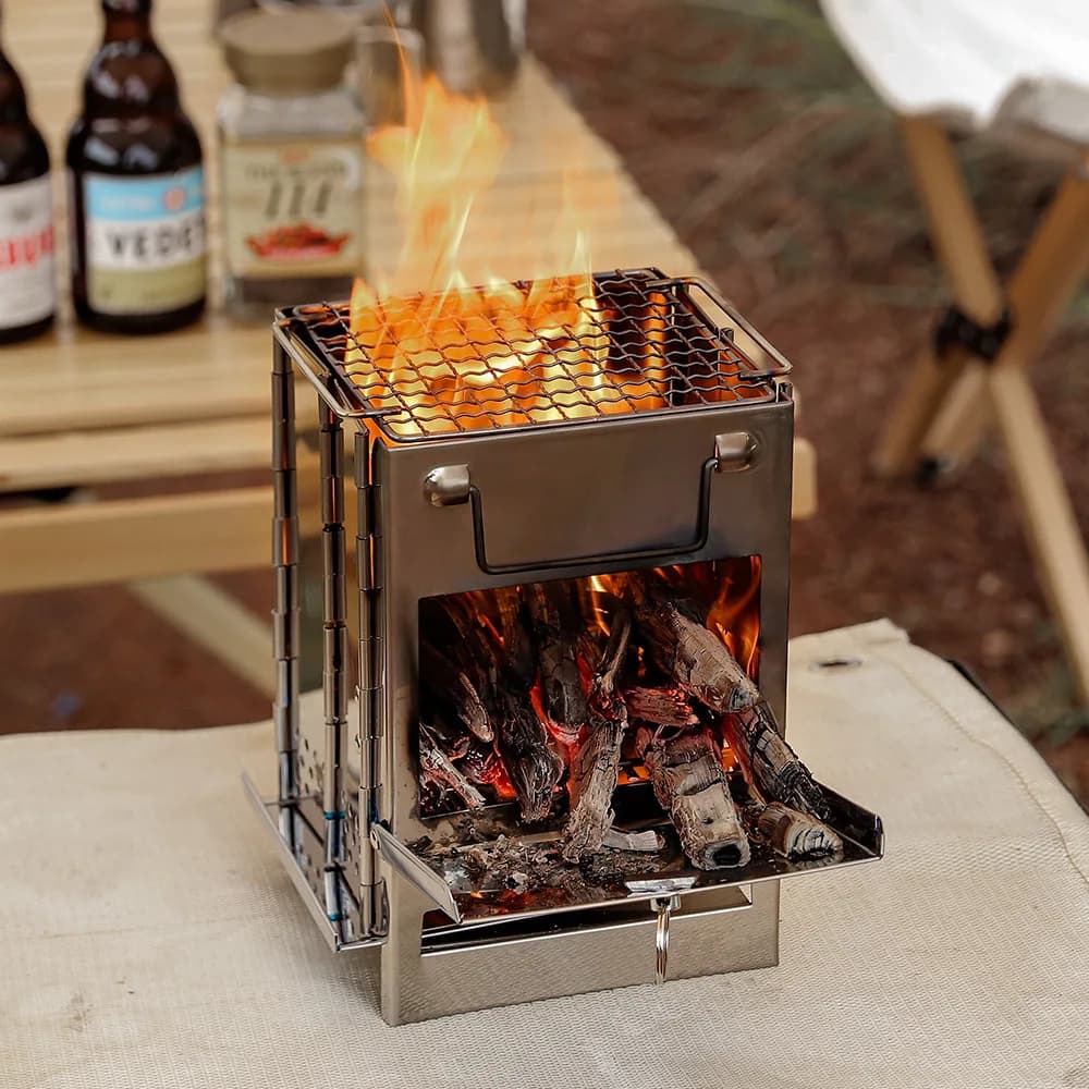 Supporto per fornello ad alcool da esterno Mini forno per cera pieghevole da campeggio con staffa per filo a disco in acciaio inossidabile Accessori per bruciatori da campeggio