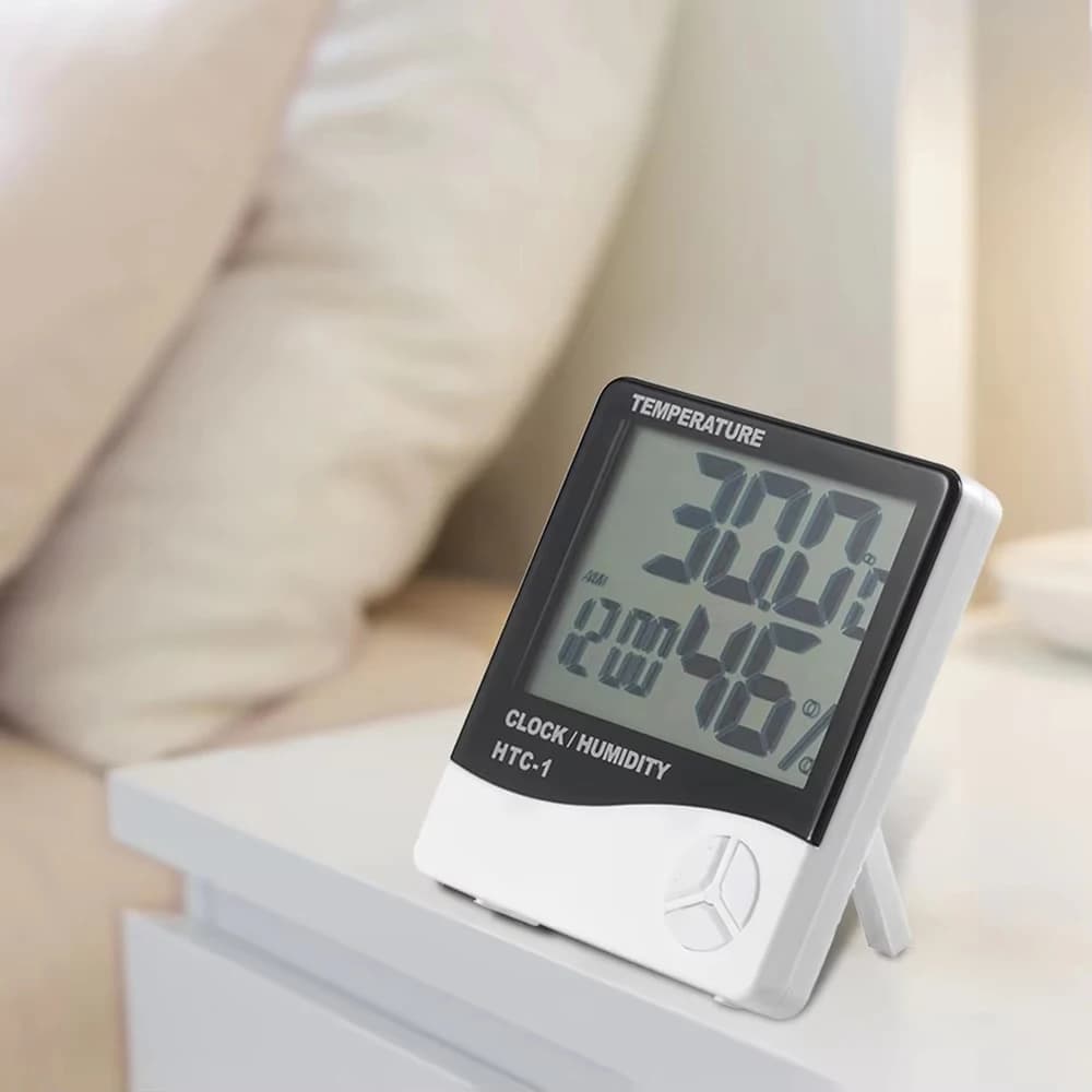 1PC HTC-1 Digital Thermometer Alarm Clock Alarm Clock Alarm Clock 5 Functions Table support for large screen and wall mounting White