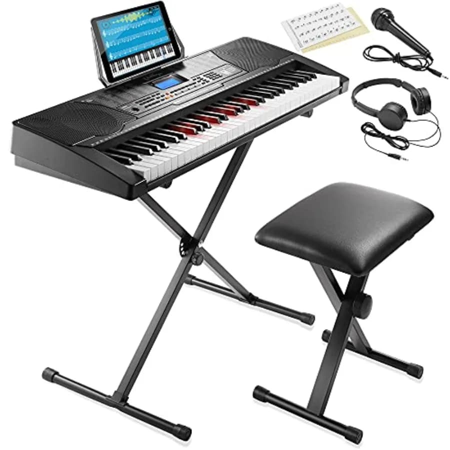 Pianoforte Digitale a 61 Tasti con Tasti Luminosi, Kit Pianoforte Elettronico per Principianti con Supporto, Sgabello, Cuffie, Microfono e Spartito