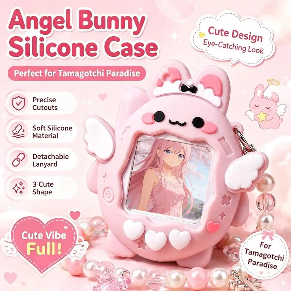 For Tamagotchi Connection Silicone Protective Case Cute Angel Rabbit Shockproof Full Coverage Optional Beaded Anti Drop Lanyard