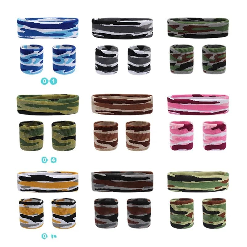 3 pz/set Mens Fascia Sportiva Fascia Camouflage Stampa Stretch Elastico Supporto per il Polso Polsino Fitness Corsa Tennis Headwrap