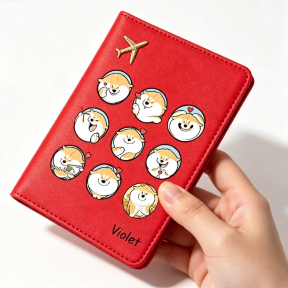 Personalized Passport Holder with custom Cute Cartoon Shiba Print, Multifunctional Ticket & Travel Document Organizer