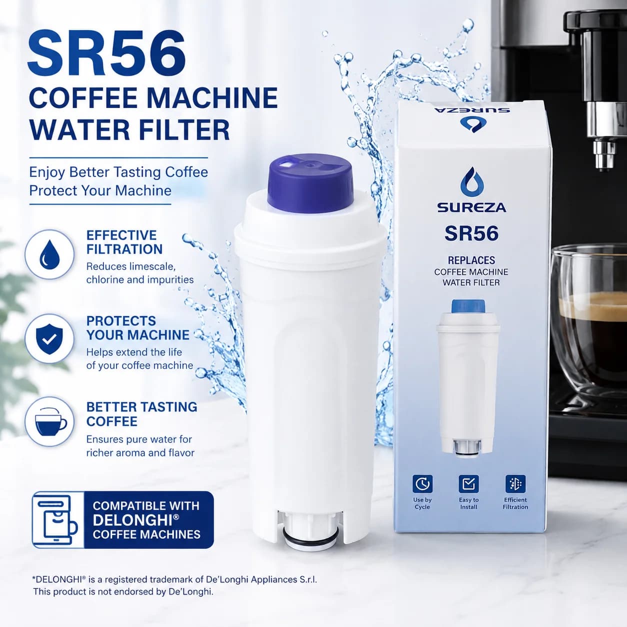 Filtro Acqua di Ricambio per Macchina da Caffè DeLonghi DLSC002, Cartuccia Addolcitore per Serie ECAM ETAM, Accessorio per Macchine da Caffè