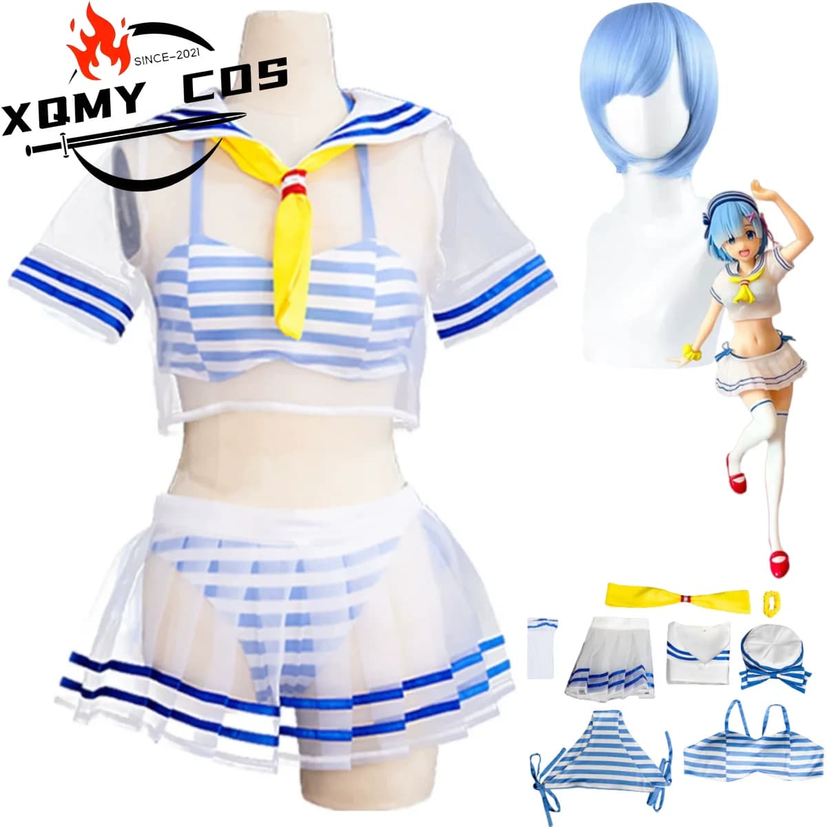 XqAnime King: Life in A Different World From Zero Rem Wig Cosplay Costume Summer Day Swimwear Sexy Beach Bikini S