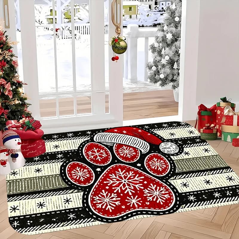 VIKAMA Christmas Pet Paw Doormat Santa Hat Snowflake Plaid Non Slip Absorbent Floor Mat Dog Lover Holiday Front Door Home Decor