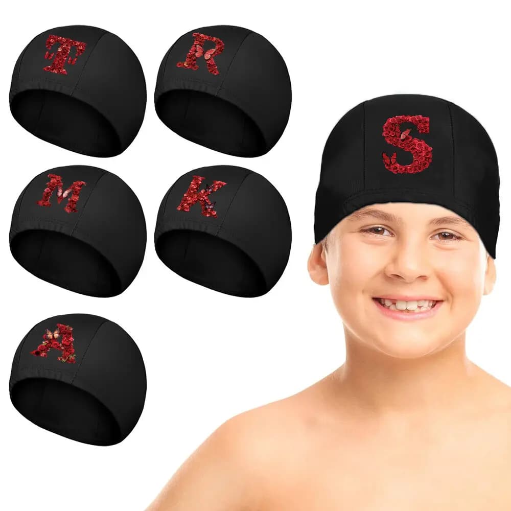 Cuffia da nuoto UNISEX, Cuffie da bagno con motivo Rose Rosse e Iniziali, Protezione per le orecchie, Cuffie da piscina, Attrezzatura da nuoto, Cuffie elastiche