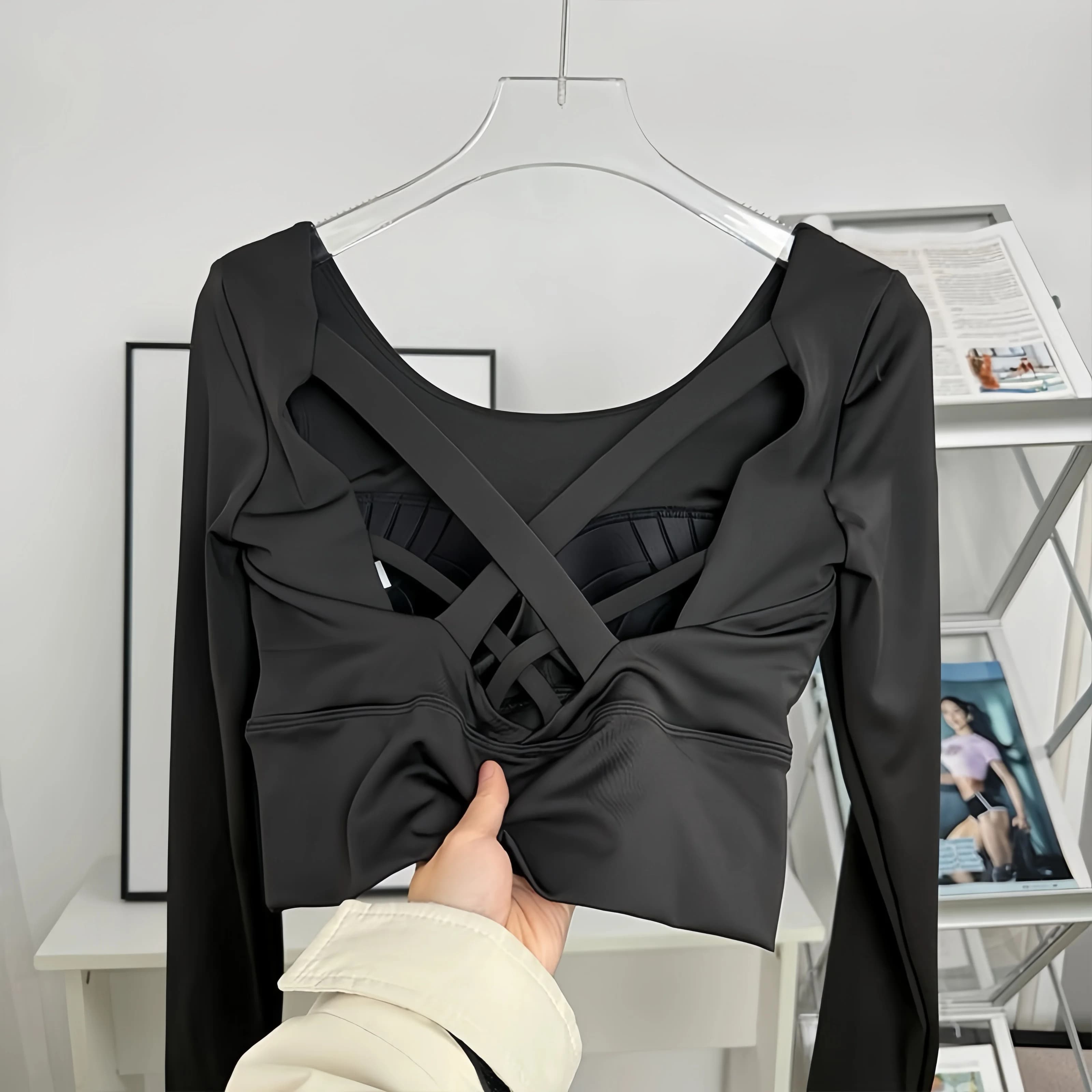 Abbigliamento da yoga da donna, reggiseno fisso a maniche lunghe, fitness, pilates, corsa, sport, abbigliamento da allenamento