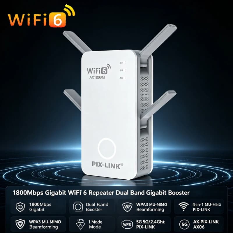 1800Mbps Gigabit WiFi 6 Repeater Dual Band Gigabit Booster WPA3 MU-MIMO Beamforming 4-in-1 Mode WPS 5G/2.4Ghz PIX-LINK AX06