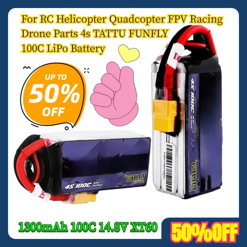 Batteria LiPo TATTU FUNFLY 100C 1300mAh 14.8V XT60 4S per Elicottero RC, Quadricottero, Drone FPV da Corsa