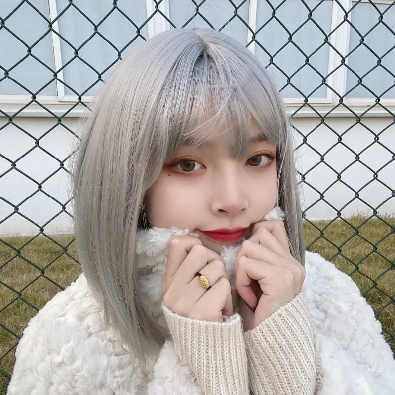 Female group style wig Female short straight hair comic fringe Silver gray bobo hair tail one cut synthetic fiber wig