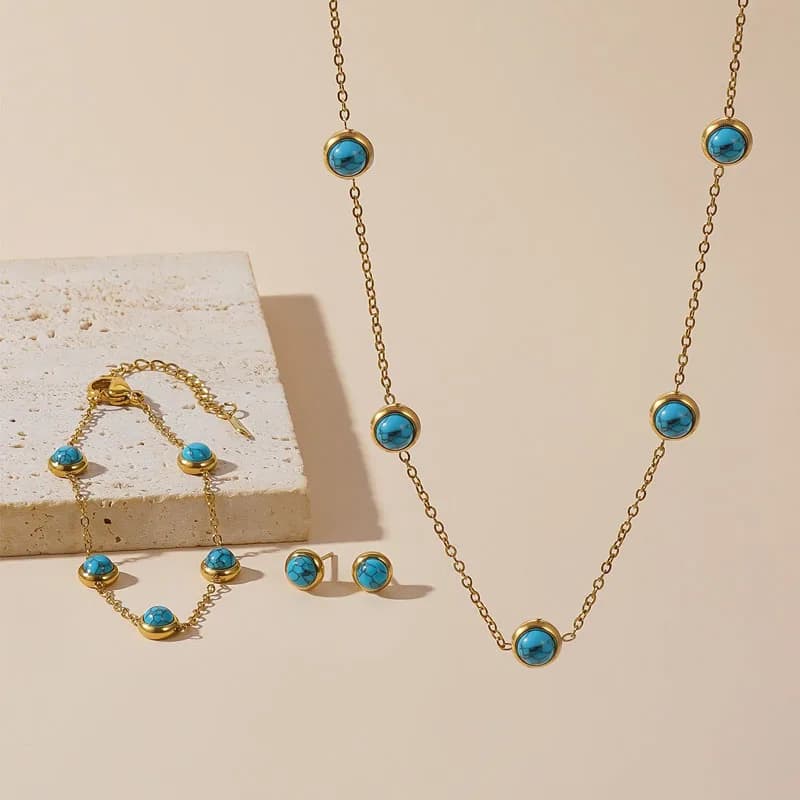 Stainless Steel Round Turquoise Beads Charms Necklace Bracelet Earrings for Women Jewelry Set High Quality Party Gift