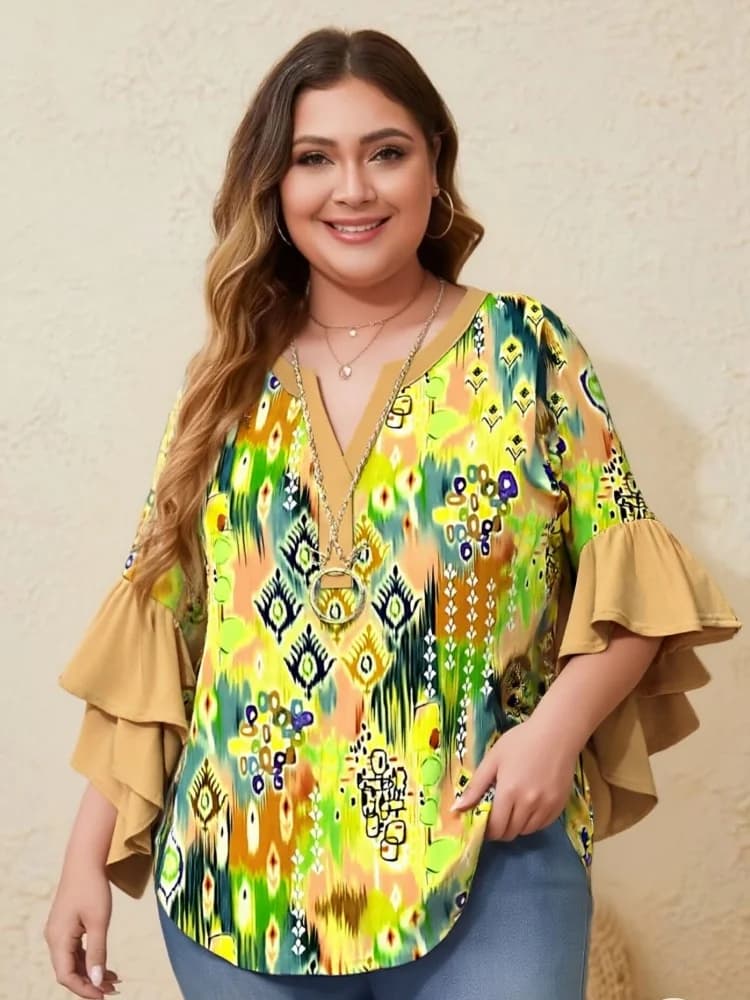 Women's blouses Plus Sizes, Style Office, Casual Autumn Spring, V-neck, Long sleeves, Vintage, Spacious, Floral print, with Volant