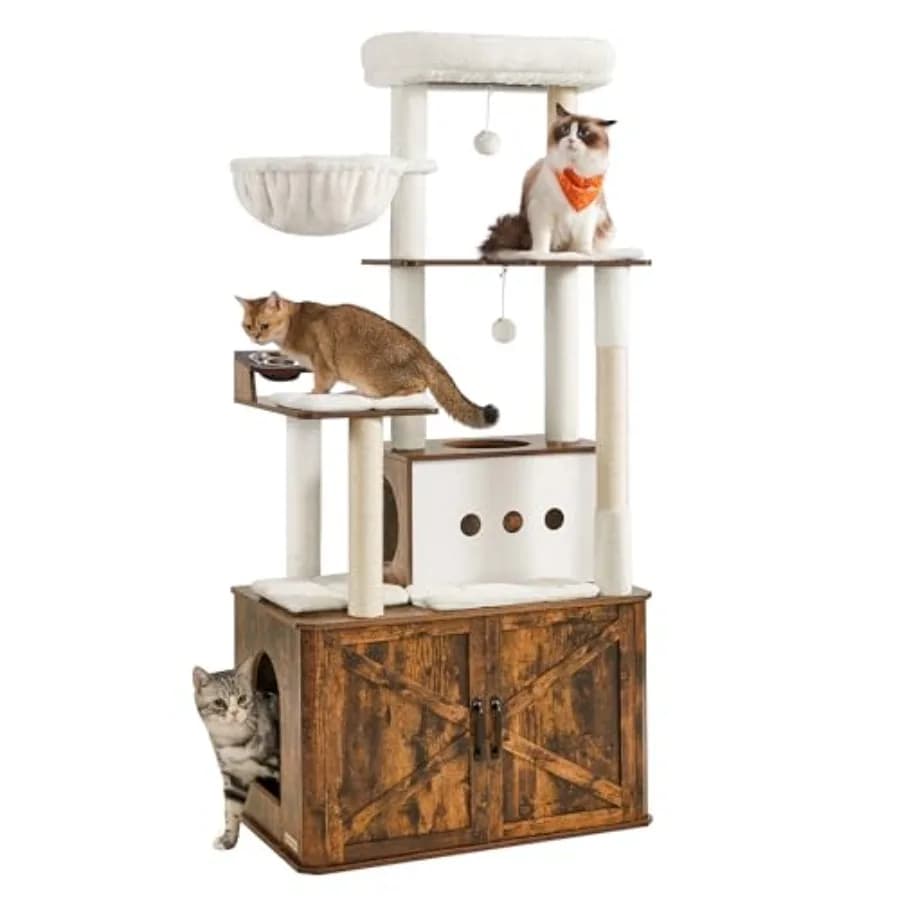 Albero per gatti da 66,9 pollici con box per lettiera, ampio appartamento con stazione per cibo, contenitore, posti per grattare, grotta, amaca e cuscini lavabili
