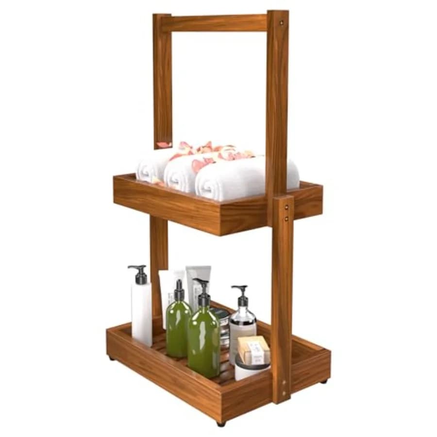 Mensola da bagno in teak con porta asciugamani - Utilizzabile come portaoggetti per doccia, organizer per asciugamani, porta carta igienica, cestino per frutta con base antiscivolo