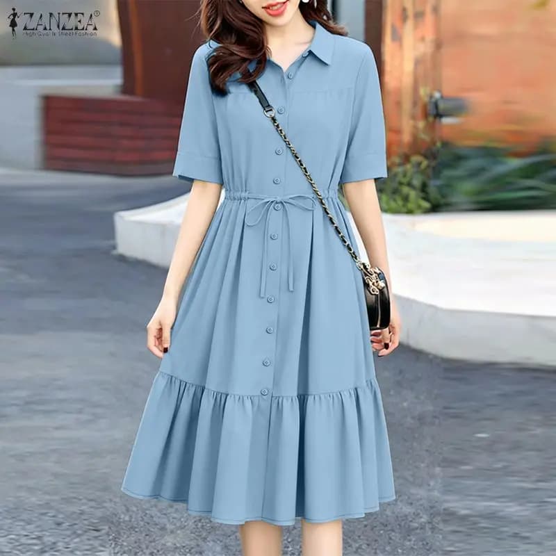 ZANZEA Abito estivo da donna a mezza manica, lunghezza midi, con colletto, bottoni, coulisse in vita, orlo arricciato, tinta unita, Robes Femme