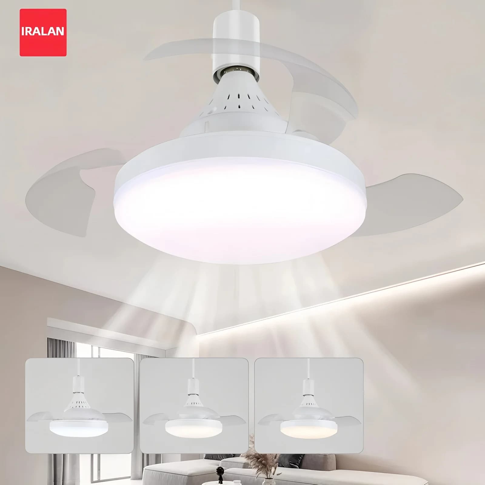 Ventilatore da Soffitto Elettrico a Pale Pieghevoli Invisibili, Silenzioso, Dimmerabile, con Timer, Ventilatore a Lampadario Sigillato con Luce LED, DC Variabile con Telecomando