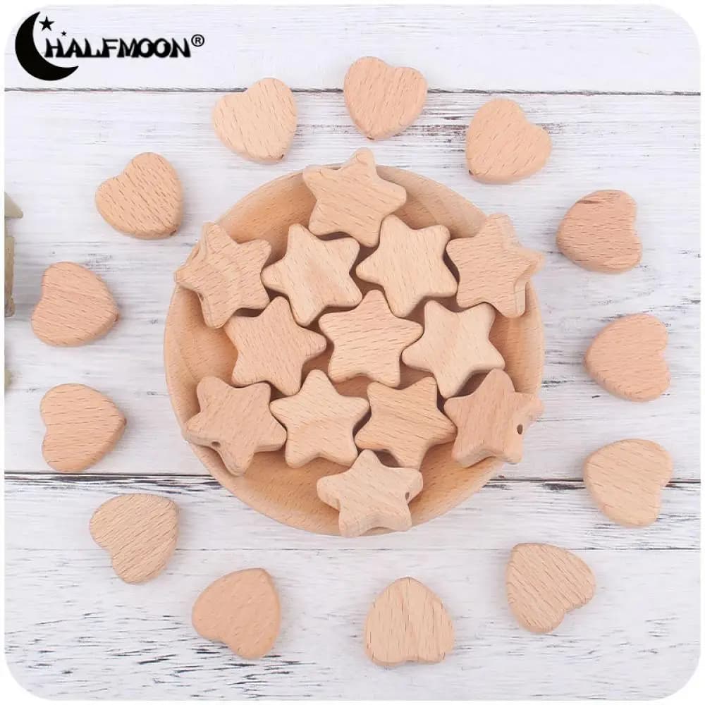 10 pezzi di perline di legno di faggio a forma di stella a forma di cuore perline per massaggiagengive per collana fai da te catena ciuccio artigianato creazione di gioielli