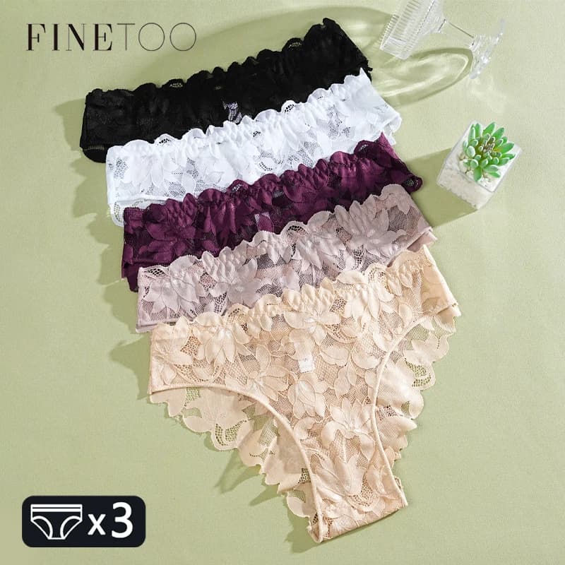 FINETOO 3 Pezzi Biancheria Intima di Pizzo Floreale in Raso da Donna Sexy Scava Fuori Mutandine Solido Vita Bassa Prospettiva Slip Ragazze Lingerie Morbida