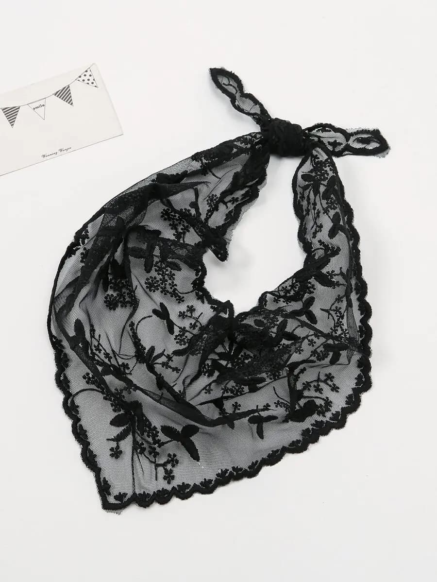 Sciarpa triangolare in pizzo floreale nero per donna, decorazione per capelli e borsa