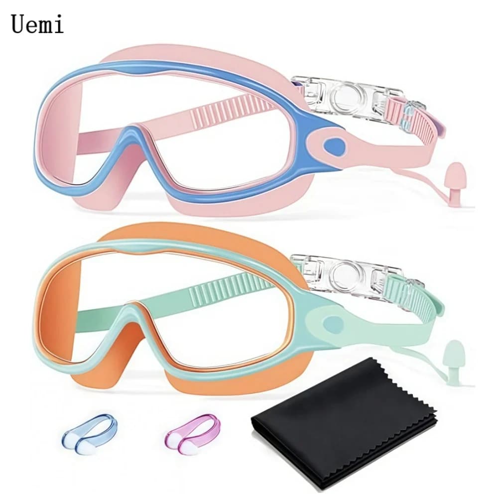 Kids Swim Goggles with Swim Cap, Anti Fog UV Protection Wide View Youth Swim Goggles for Boys Girls 6-14