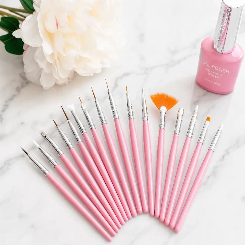 Set of 15 Professional Nail Art Brushes - Pink Gel and Acrylic Brush Kit for Painting, Stripping, Liner, Shading, Sculpture