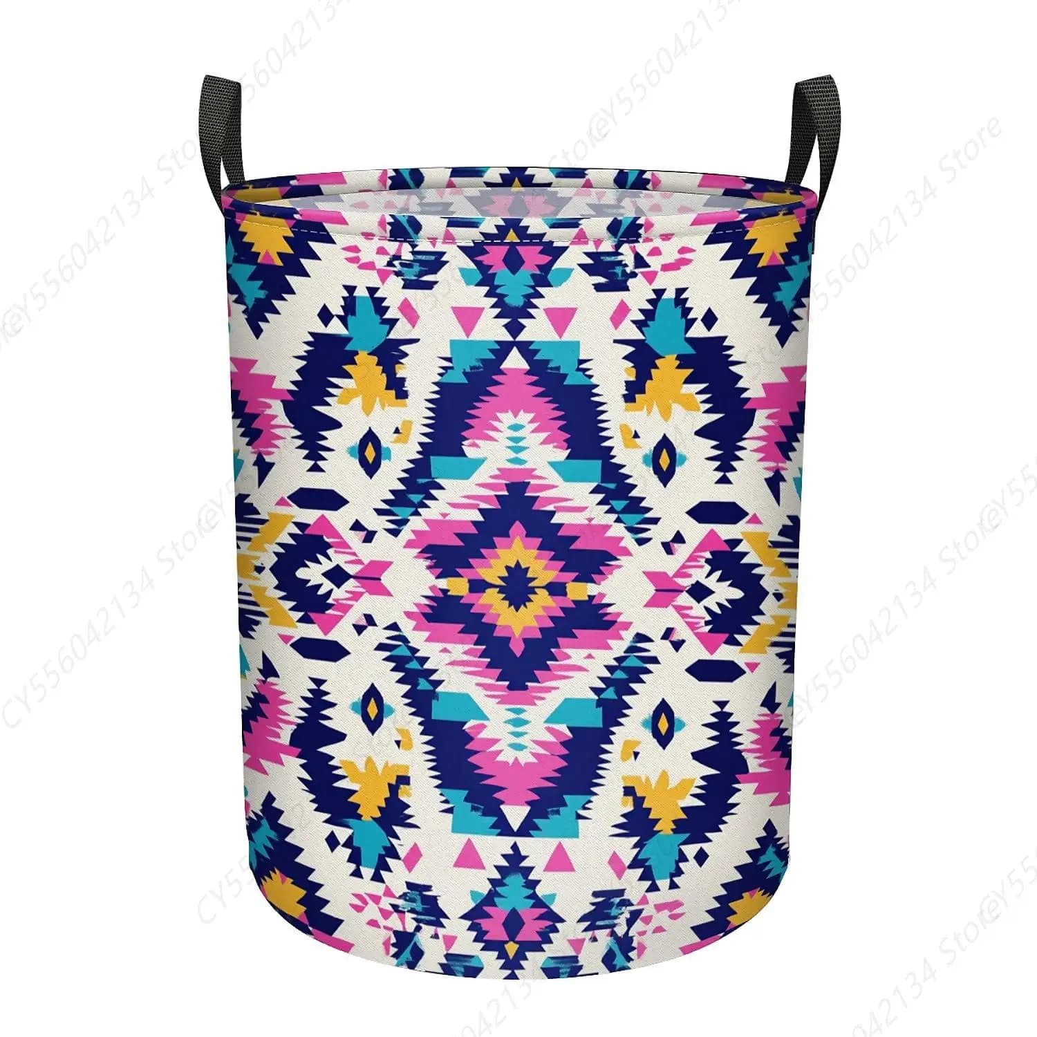 Aztec-inspired print with large geometric linen basket with handles Foldable dress bag, object container organizer