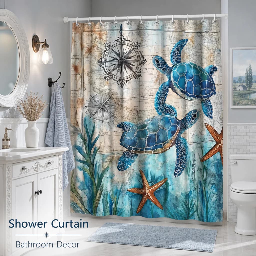 Shower Curtain 1pc Nautical Map Sea Turtle 180x180cm Waterproof Polyester Fabric 3D Print Bathroom Decor Non Slip Soft Bath Accessory Modern Home Decoration Set for Kids Adults Washable Fast Dry Creative Sea Life Aquatic Animals Shower Stall Screen