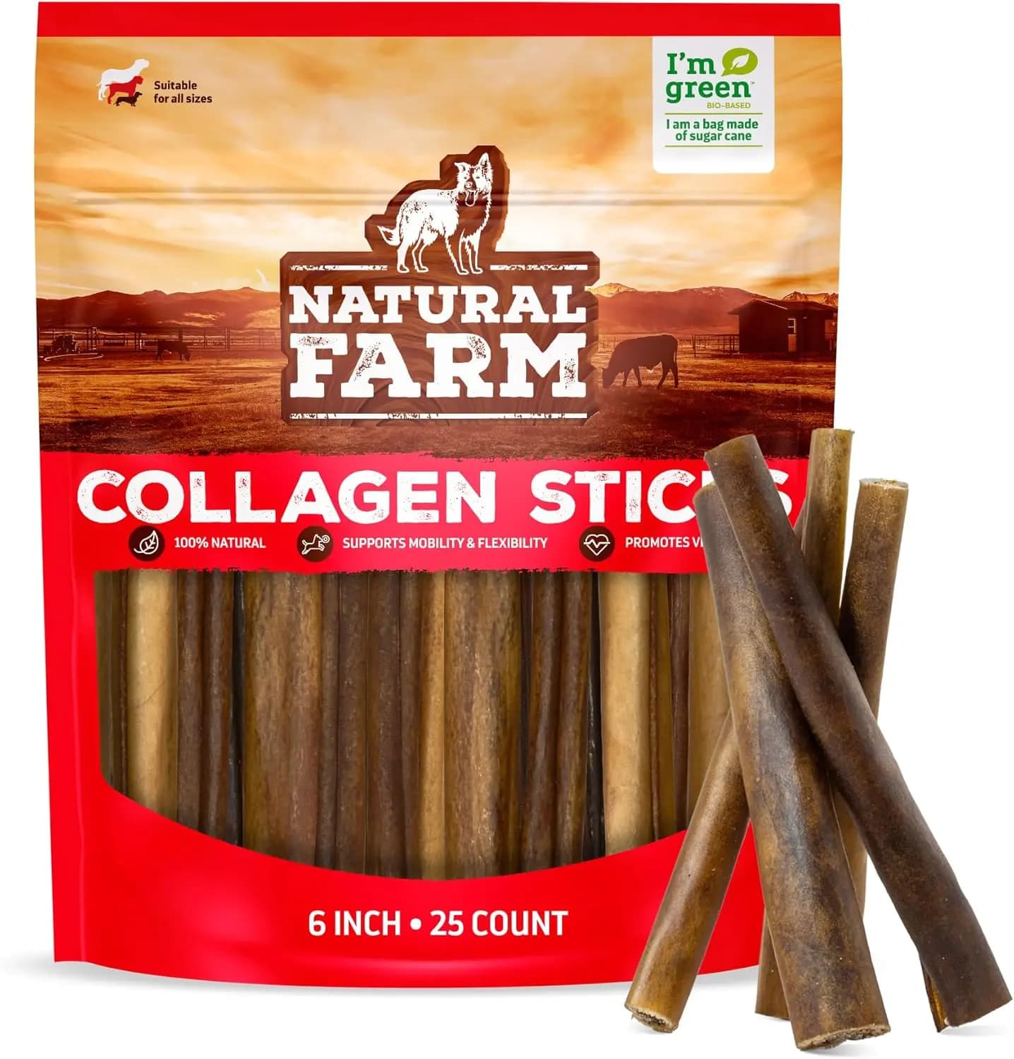 Bastoncini di Collagene Naturale per Cani, 6 Pollici, Confezione da 25, Masticabili Senza Odore e Alternativa alla Rawhide - Snack Dentali ad Alto Contenuto Proteico