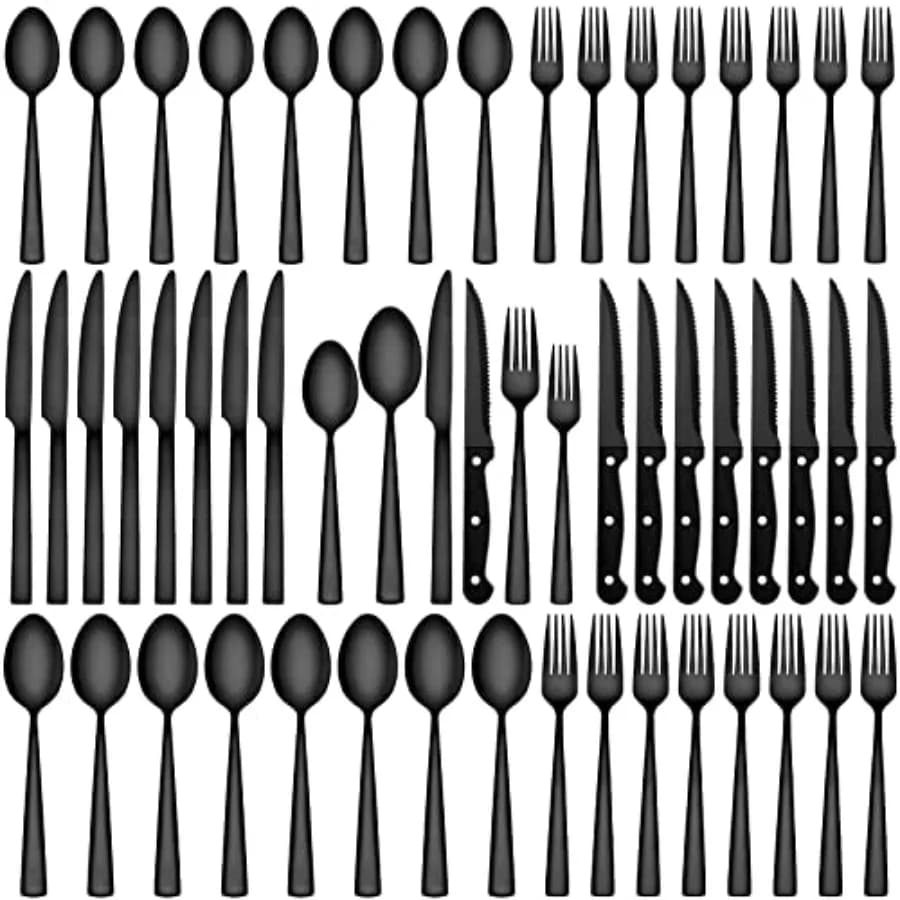 Set di posate nere in acciaio inossidabile con coltelli da bistecca, set di posate per 12 persone, set di utensili da cucina