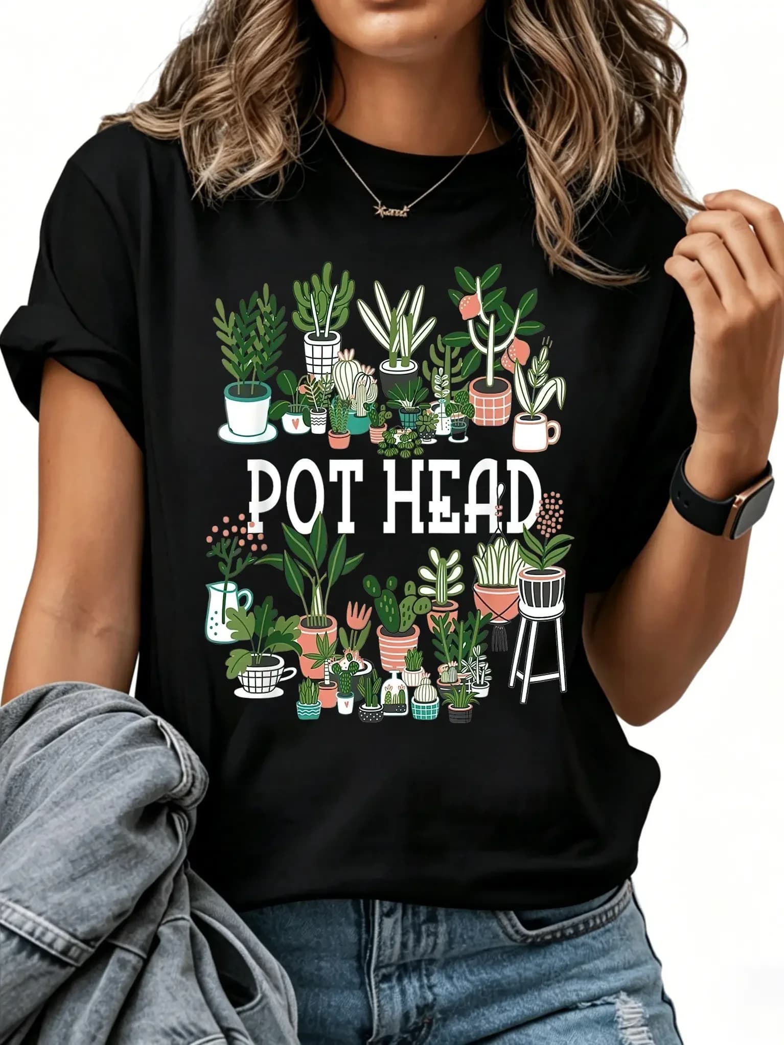 Men's Casual Graphic T-Shirt - Funny "Pot Head" Succulent Design for Plant Lovers - Comfortable 100% Cotton Short Sleeve