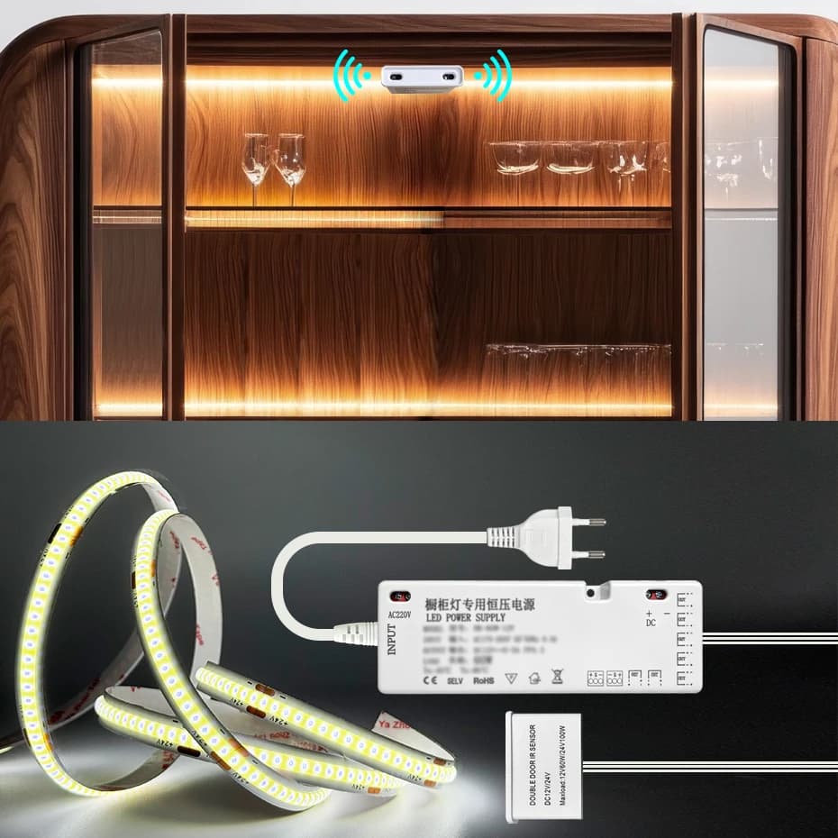 Striscia LED COB DC12V per Illuminazione Armadi con Sensore di Movimento a Doppia Porta, Accensione/Spegnimento Automatico per Camera da Letto e Guardaroba, 1m-5m
