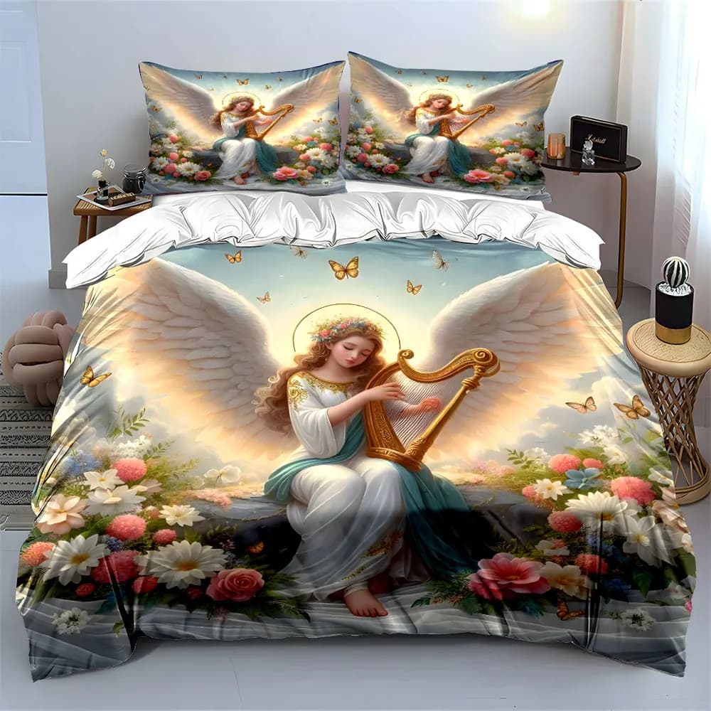 Angel playing harp with flowers Print Soft Comfortable Duvet Cover Bedding Set Included 1*Duvet Cover 2*Pillowcases