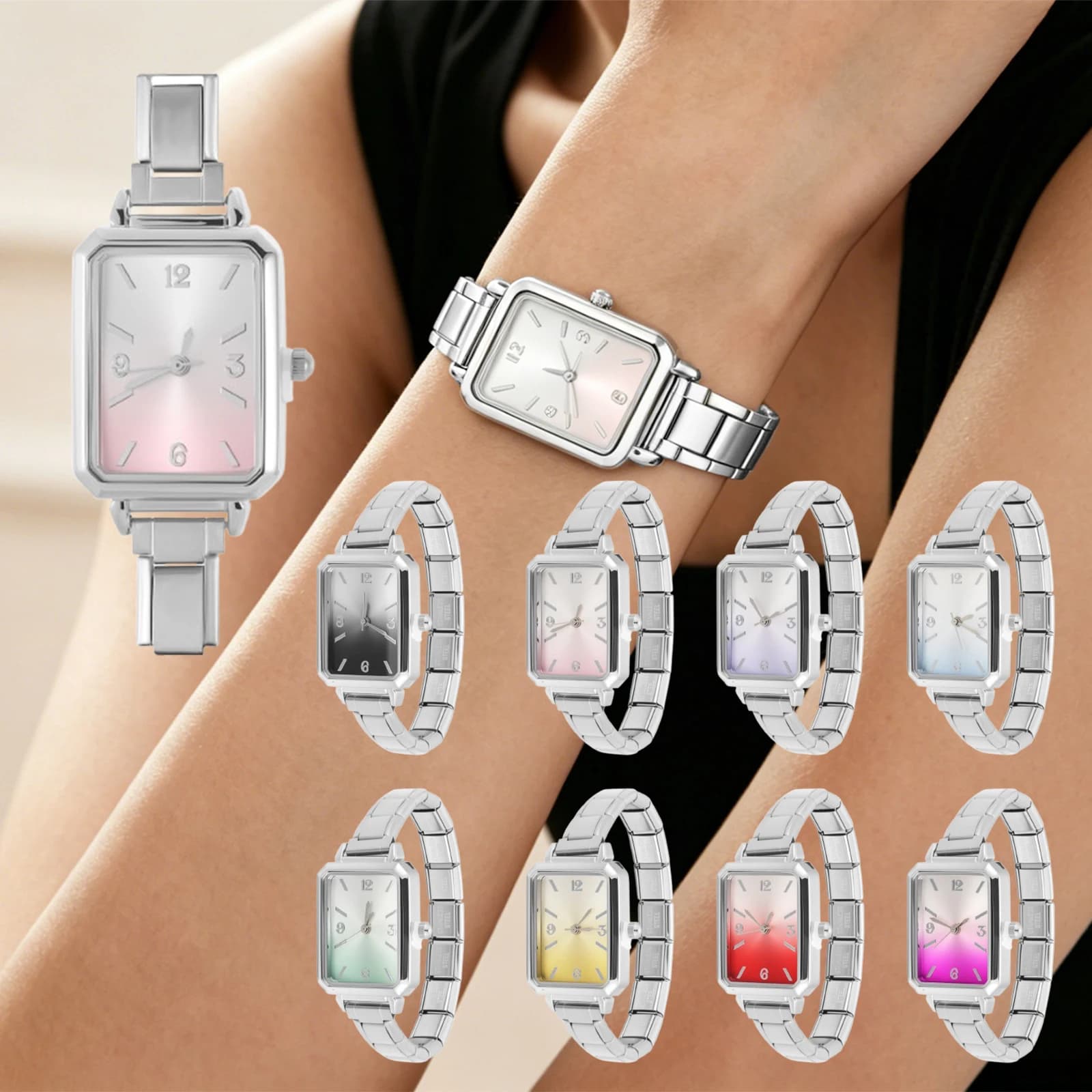 Y2K Gradation Color Design Men Women's Stainless Steel Arabic Numeral High Quality Square Watch Bracelet Bangle For Friend Gifts