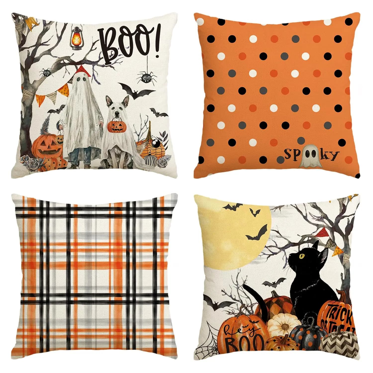 Halloween Boo Dead Tree Ghost Spooky Dog Polka Dots fodere per cuscini, 18x18 "Cat Moon Pumpkin Bat Plaid Cushion Case Set di 4