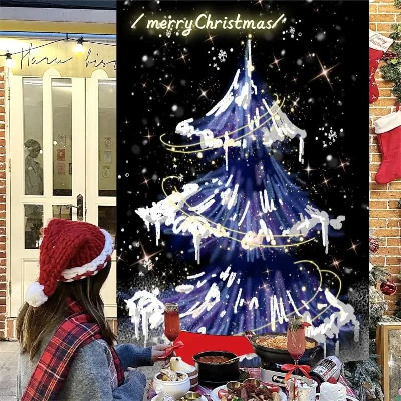 VIKAMA Wall Tapestry Blue Ice Christmas Tree Golden Light Snowflake Star Black Winter Holiday Wall Hanging Home Decor Living