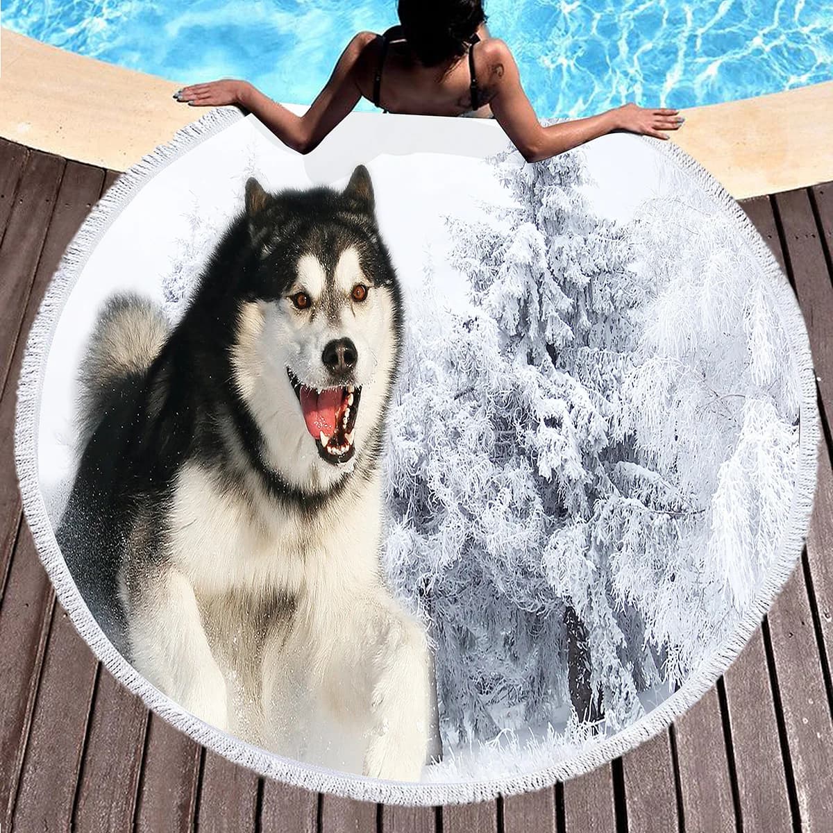 Telo Mare Rotondo con Motivo Cane Husky, Morbido e Assorbente ad Asciugatura Rapida, Tappetino Yoga Circolare con Nappe, Telo da Picnic