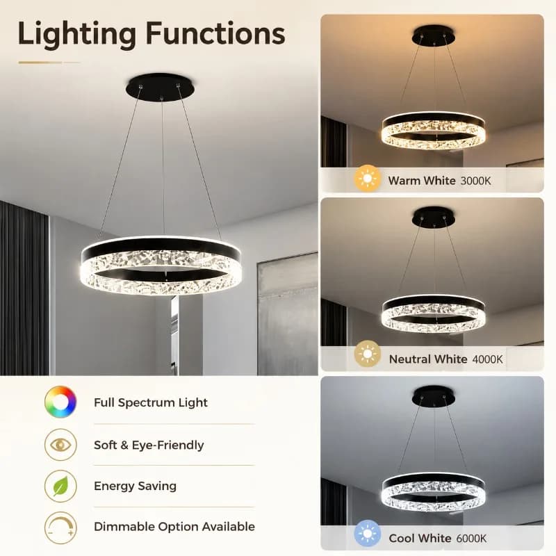 Round Crystal Ring Pendant Light Full Spectrum LED Chandelier Eye Care for Dining Room Bedroom Study Kids Room Pendant Light