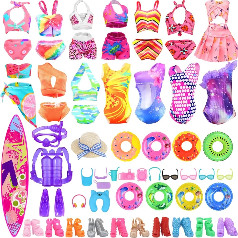 31 pezzi/set = 5 costumi da bagno per bambole + 2 anelli da nuoto, 2 occhialini, 10 scarpe, 1 tavola da surf, 1 cappello, 1 tuta subacquea, 1 auricolare, 8 accessori