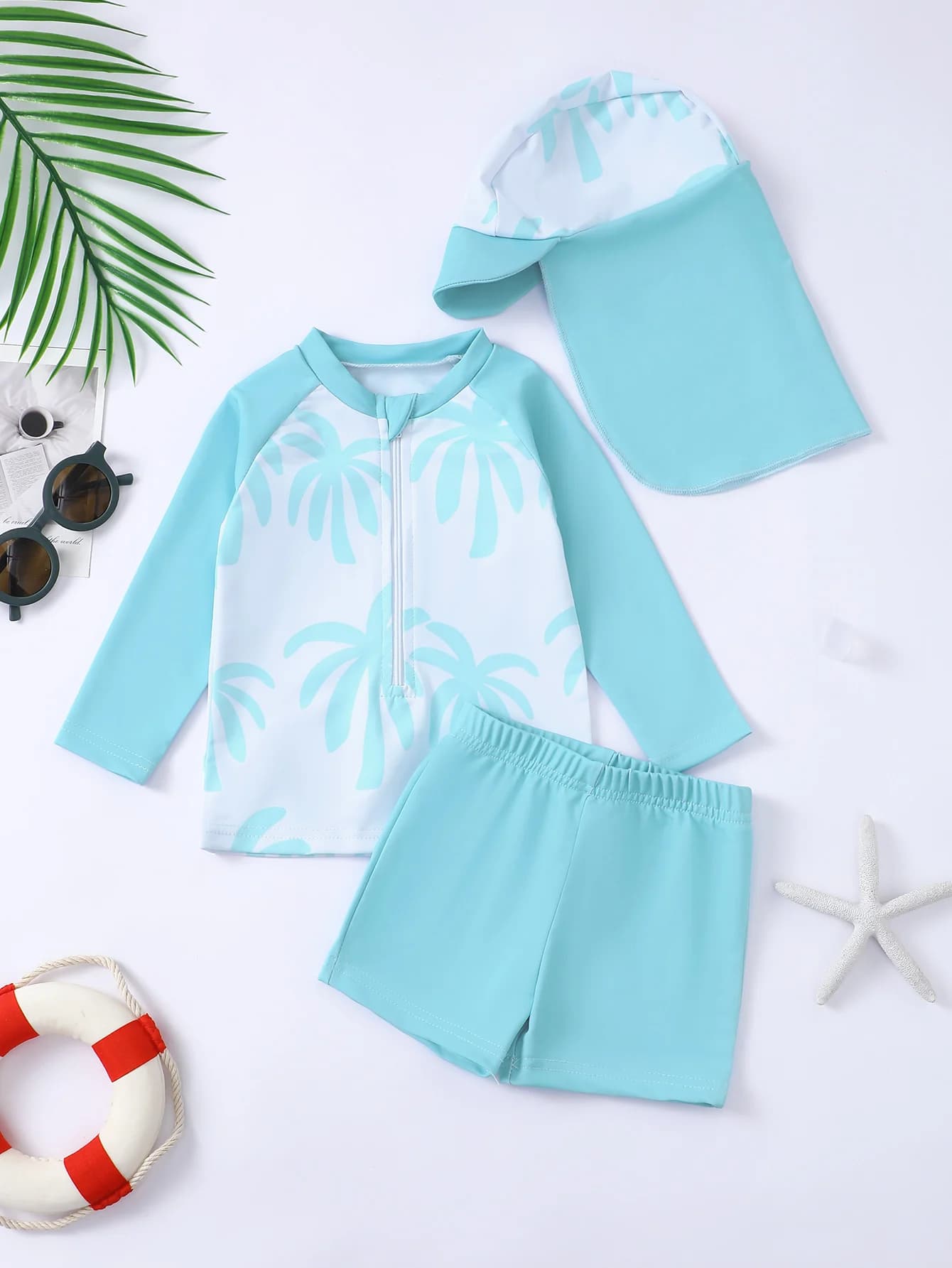 Set di costumi da bagno a maniche lunghe per neonato con cappello e motivo con stampa di albero di cocco, completo di costumi da bagno maschili per neonati