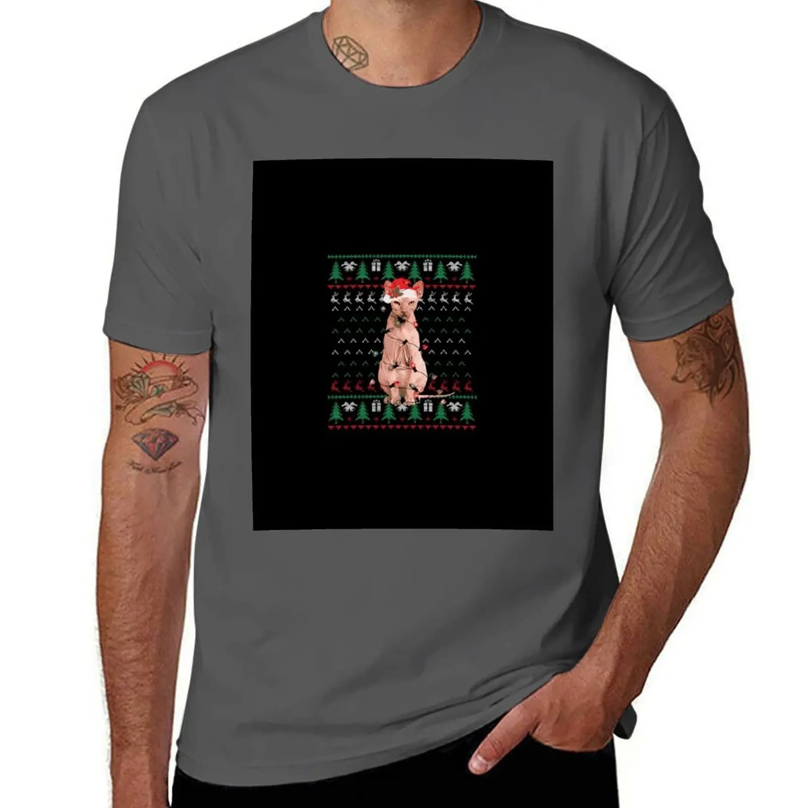 T-shirt con stampa di gatti Sphynx e alberi di Natale notturni, in cotone basic anti-restringimento