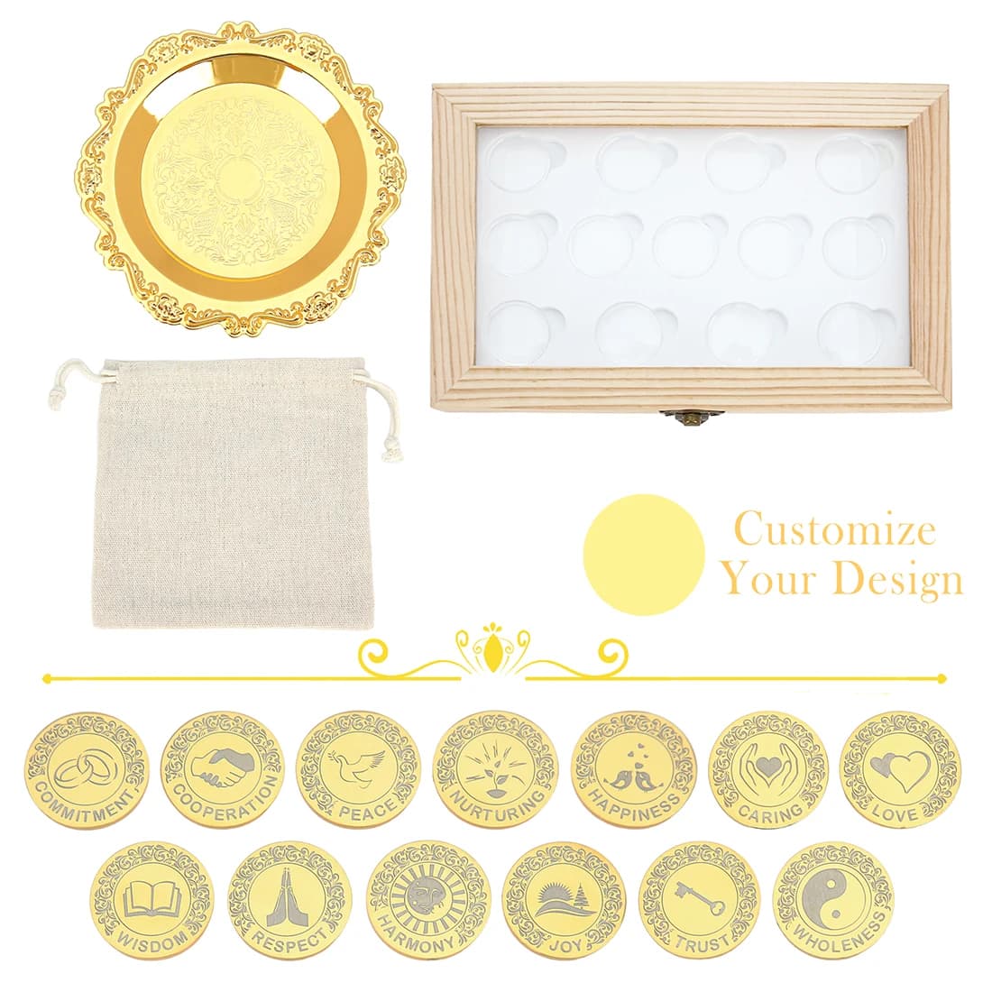 Set regalo personalizzato Arras De Boda da 13 pezzi | Viene fornito con le monete | 25 stili | Scatole di legno per matrimoni Cerimonia di matrimonio inglese