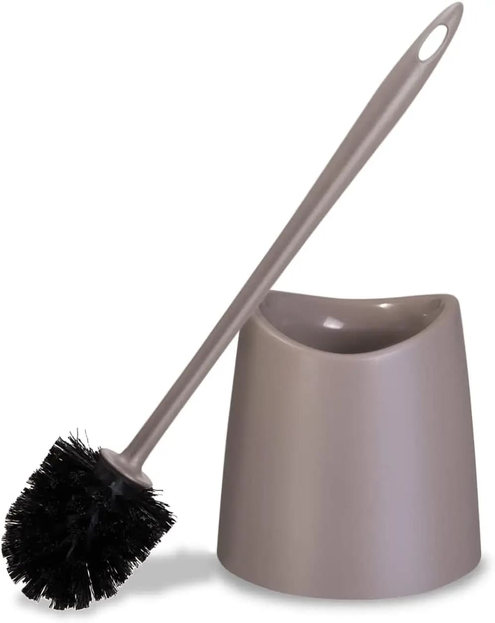 Plastic toilet brush with taupe bristles, including a stand for easy bathroom cleaning